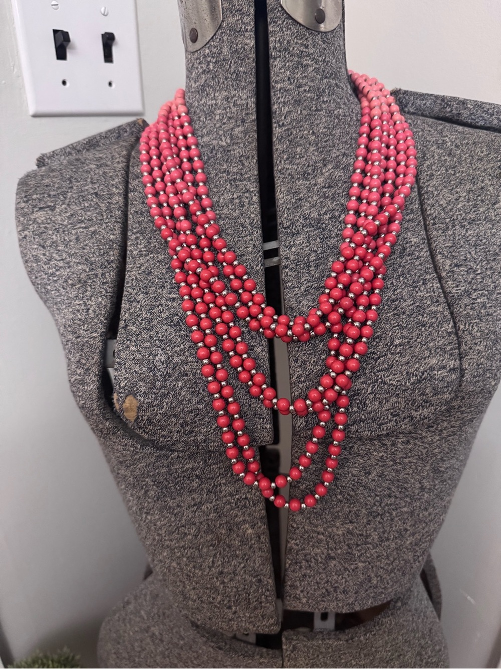Women’s Salmon Multi- Strand Beaded Necklace with Silver Accents